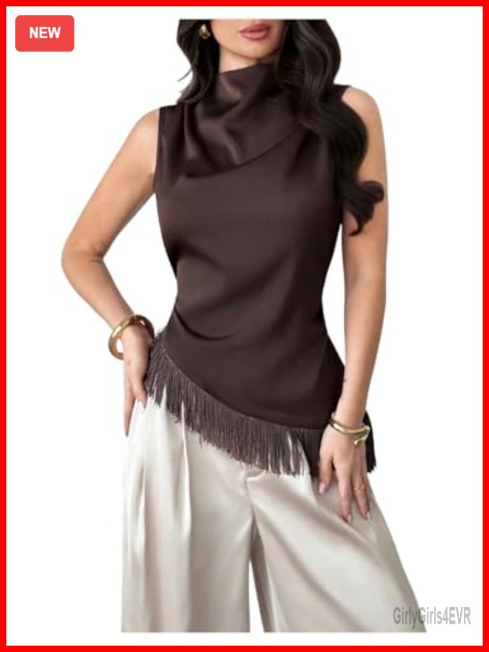 Floerns Satin Fringe Cowl Neck Asymmetrical Tank Top